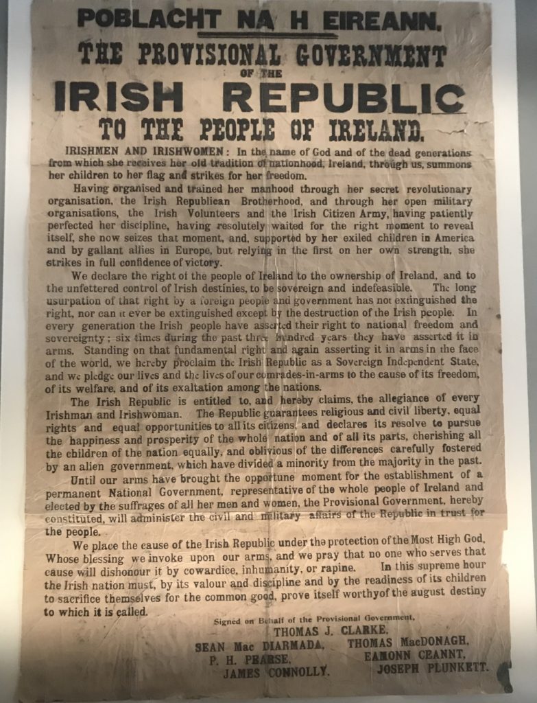 Image of the copy of the 1916 Proclamation of the Irish Republic at Trinity College 